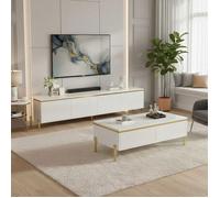 Ensemble Meuble TV + Table Basse 100cm - AMBIANCE - Blanc Haute Brillance & Doré - Style Luxe Moderne - Pieds Métal-Grand Rangement