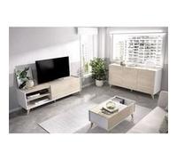 Ensemble Meuble TV + Table basse + Buffet NESS - Mélaminé - Style scandinave - Chêne et blanc
