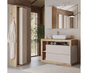 Ensemble meuble vasque 110cm + colonne pivotante beige et aspect bois Cadiz - ARTURO