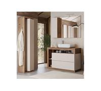 Ensemble meuble vasque 110cm + colonne pivotante beige et aspect bois Mercure - ARTURO -