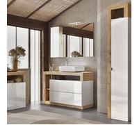 Ensemble meuble vasque 110cm + rangement + armoire 1P blanc et aspect bois Cadiz - ARTURO