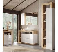 Ensemble meuble vasque 110cm + rangements + colonne blanc et aspect bois Cadiz - ARTURO -