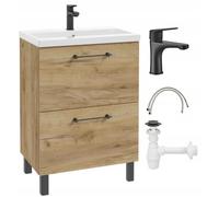 .Deftrans Meuble de Salle de Bain avec lavabo 60 x 80 cm, en chêne Artisanal, Debout, avec 2 tiroirs, Fermeture amortie, Meuble de Salle de Bain avec Robinet de lavabo