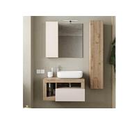 Ensemble meuble vasque 78 cm et colonne suspendus beige et aspect bois Cadiz - ARTURO -