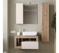 Ensemble meuble vasque 78 cm et colonne suspendus beige et aspect bois Cadiz - ARTURO -