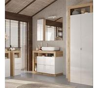 Ensemble meuble vasque 92cm + rangements + armoire blanc et aspect bois Cadiz - ARTURO -