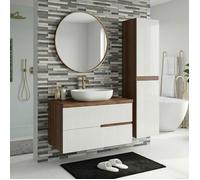 Ensemble meuble vasque à poser L.100cm + 1 colonne suspendu Chêne Moka 2 tiroirs Blanc brillant cannelé EVA