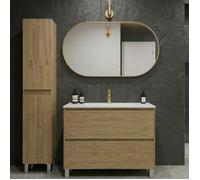 Ensemble meuble vasque L.100cm + 1 colonne sur pied 2 tiroirs Chêne naturel LISBONA