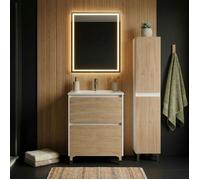 Ensemble meuble vasque L.60cm + 1 colonne sur pied Blanc laqué 2 tiroirs Chêne naturel LISBONA
