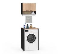 IDMarket – Ensemble meubles de buanderie Wallis noir et bois façon hêtre pour machine à laver
