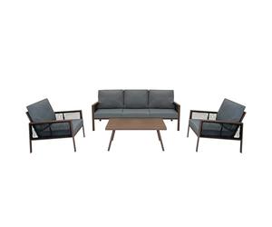 Ensemble Meubles de Jardin En Aluminium Effet Bois 4 Pièces Salon de 3 Places Extérieur Modulaire 2 Fauteuils Table Basse Imperméable Coussins Épaisses Housses Lavables (Housse de Pluie INCLUS)
