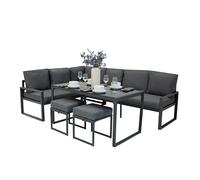 Ensemble Meubles de Jardin En Aluminium Gris Anthracite 7 Places Salon Extérieur Modulaire En Forme de L Table Avec Plateau En Verre Tabourets Coussins Épais Housses Lavables Housse Imperméable INCLUS