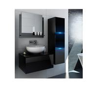 Ensemble meubles de salle de bain noir collection OWL. Colonne, meuble sous vasque, miroir, siphon et leds.