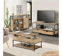 IDMarket Ensemble salon Detroit, buffet, table basse relevable, meuble TV, design industriel
