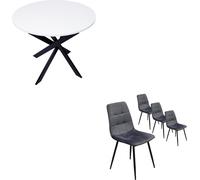 Ensemble Meubles, Lot de 4 chaises tapissées, Table à manger ronde 90x90x77cm, Blanc mat, Pieds noir