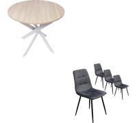 Ensemble Meubles, Lot de 4 chaises tapissées, Table à manger ronde 90x90x77cm, Chêne, pieds blancs