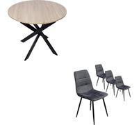 Ensemble Meubles, Lot de 4 chaises tapissées, Table à manger ronde 90x90x77cm, Chêne, Pieds noir