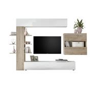 Ensemble meubles salon avec rangements, collection VASCO, blanc laqué/chêne clair