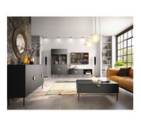 Ensemble meubles salon : Meuble TV, table basse, buffet, vitrine, noir avec poignées dorées, collection MONDO