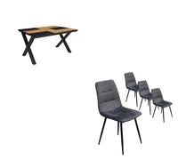 Ensemble Meubles, Table à manger, 140x90x75cm, Chêne et noir, Lot de 4 chaises tapissées