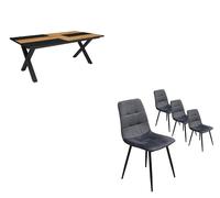 Ensemble Meubles, Table à manger, 194x90x75cm, Chêne et noir, Lot de 4 chaises tapissées