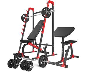 Ensemble MH10_136KG_KIER_G | Banc de musculation MH-L114 + supports multiniveaux MH-S204 + banc à biceps MH-L105 + kit de barres d'haltères renforcées et de disques caoutchoutés pour la musculation de
