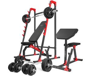 Ensemble MH10_166KG_KIER_G | Banc de musculation MH-L114 + supports multiniveaux MH-S204 + banc à biceps MH-L105 + kit de barres d'haltères renforcées et de disques caoutchoutés pour la musculation de