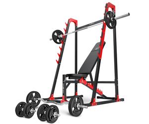 Ensemble MH24_126KG_KIER_G | Banc de musculation MH-L115 + supports multiniveaux MH-S204 + kit de barres d'haltères renforcées et de disques caoutchoutés pour la musculation de 83 kg - Marbo Sport