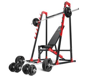 Ensemble MH24_156KG_KIER | Banc de musculation MH-L115 + supports multiniveaux MH-S204 + kit de barres d'haltères renforcées et de disques pour la musculation de 113 kg - Marbo Sport