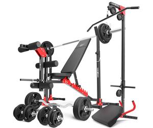 Ensemble MH25_162KG_KIER | Banc de musculation + supports pour barres + banc à biceps + extension de jambes + poulie pour traction + kit de barres d'haltères renforcées et de disques pour la musculati