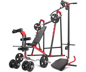 Ensemble MH26_147KG_KIER | Banc de musculation + supports pour barres + banc à biceps + extension de jambes + poulie pour traction + kit de barres d'haltères renforcées et de disques pour la musculati