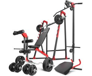 Ensemble MH26_177KG_KIER | Banc de musculation + supports pour barres + banc à biceps + extension de jambes + poulie pour traction + kit de barres d'haltères renforcées et de disques pour la musculati