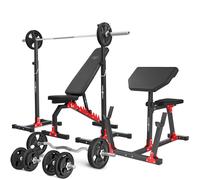 Ensemble MH9_121KG_KIER_G | Banc de musculation MH-L114 + supports pour barres MH-S201 + banc à biceps MH-L105 + kit de barres d'haltères renforcées et de disques caoutchoutés pour la musculation de 8