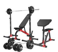 Ensemble MH9_151KG_KIER_G | Banc de musculation MH-L114 + supports pour barres MH-S201 + banc à biceps MH-L105 + kit de barres d'haltères renforcées et de disques caoutchoutés pour la musculation de 1
