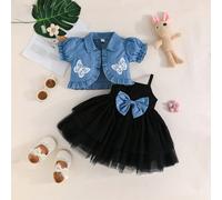 Ensemble mignon de 2 pièces comprenant une veste courte à col volant à pois pour bébé fille assortie à une robe en tulle résille avec bretelles en nœud 6-9M,9-12M,12-18M,18-24M,2-3YÉtoffe,Tissu tissé