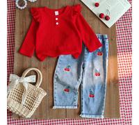 Ensemble mignon pour jeunes filles avec ornements de cerises, Top à manches longues avec volants rouges + pantalon en jean bleu clair imprimé cerises, broderie 3D de cerises. Ensemble doux et adorable