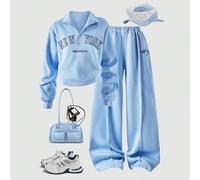 Ensemble mini décontracté et sportif pour préadolescentes, 2 pièces/set, col rond, style cow-boy, sweat-shirt à capuche avec graphique lettres New York et short, bleu clair, pour l'école et le quotidi