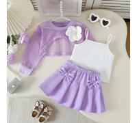 Ensemble mode 3 pièces pour filles : Débardeur mignon sans manches assorti à un gilet à manches longues col rond avec fleurs 3D perlées, associé à une jupe plissée à double nœud 3D. Tenue polyvalente 