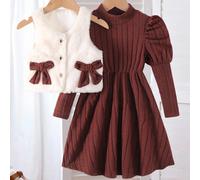Ensemble mode décontractée quotidienne pour filles, composé d'un gilet sans manches à col rond avec nœud en peluche courte et d'une robe à manches raglan à col montant avec taille froncée en tissu pel