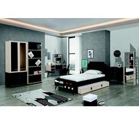 Ensemble moderne de chambre d'adolescent Lit Table de nuit Armoire Penderie Étagère murale noire 7pcs.