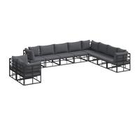 Ensemble modulaire de mobilier de patio pour l'extérieur, avec un cadre en alu noir et des coussins en polyester gris foncé, résistant aux intempéries. Ça fait un total de 10 pièces : 5 sièges d'angle
