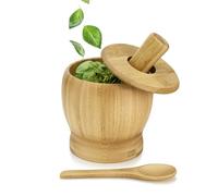 Ensemble Mortier et Pilon en Bois Flexzion de 5 pouces, Bol et Ensemble de Broyeur en Bambou, Molette et Bol Molcajete en Bois avec Couvercle et Cuillre pour Guacamole, Herbes, pices, Ail,