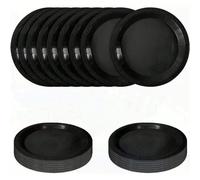 Ensemble multi-pièces/Assiettes en papier noires, plats, assiettes à salade, plateaux de service de 9 pouces et 7 pouces, convient pour les fêtes, les réunions de famille, les événements extérieurs, l