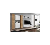 Ensemble mural - Switch VI - 2 vitrines verticales - 1 vitrine carrée - 1 banc TV - 1 étagère - Bois et blanc - Modèle 1