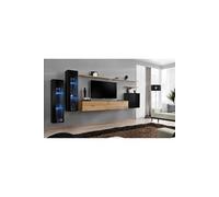 Ensemble mural - Switch XI - 2 vitrines LED - 1 banc TV - 1 vitrine carrée - 3 étagères - Bois et noir - Modèle 2