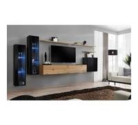 Ensemble mural - Switch XI - 2 vitrines LED - 1 banc TV - 1 vitrine carrée - 3 étagères - Bois et noir - Modèle 2 Noir G