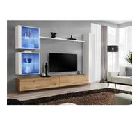Ensemble mural - Switch XVIII - 2 vitrines LED - 1 vitrine verticale - 2 bancs TV - 1 étagère - Bois et blanc - Modèle 2