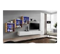 Support mural pour écran plat AC-Deco Ensemble mural - Switch XX - 3 vitrines - 2 bancs TV - 1 étagère - Bois et blanc - Modèle 1