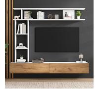 Ensemble mural TV 180x35x22,5cm - meuble TV avec vitrines,meuble multimédia avec plateau TV, étagère sur pied - blanc+couleur bois
