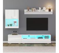 Ensemble mural TV 3 pièces - vitrine meuble multimédia - meuble TV, étagère sur pied et étagère murale,TV jusqu'à 80 pouces, blanc